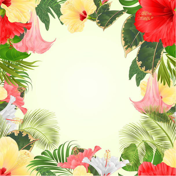 Seamless frame tropical flowers  floral arrangement, with  red and yellow hibiscus and Brugmansia  palm,philodendron  vintage vector illustration  editable hand draw  - Διάνυσμα, εικόνα