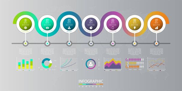 Vektor-Infografik-Vorlage für Diagramm, Webdesign, Präsentation, Workflow-Layout. Geschäftskonzept mit 7 Optionen, Teilen, Schritten oder Prozessen - Vektor, Bild