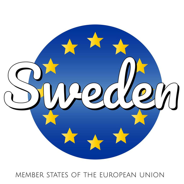 青いグラデーションの背景と黄色と金の星とEUの加盟国の名前を持つ碑文と欧州連合の国旗の丸いボタンアイコン:スウェーデン - ベクター画像