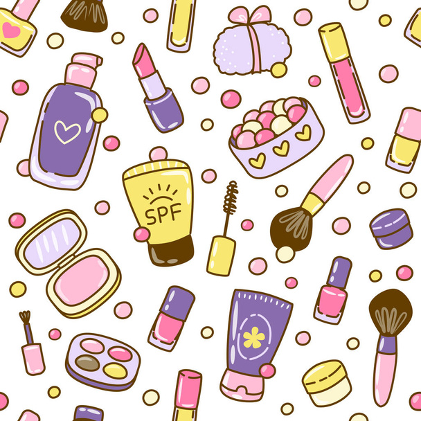Seamless pattern with cute cosmetics elements isolated on white background - Vector, Image