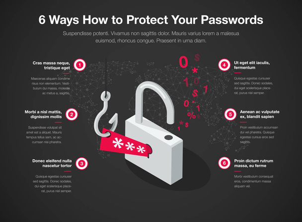 Eenvoudige vector infographic voor 6 manieren hoe u uw wachtwoord sjabloon te beschermen geïsoleerd op donkere achtergrond. Eenvoudig te gebruiken voor uw website of presentatie. - Vector, afbeelding