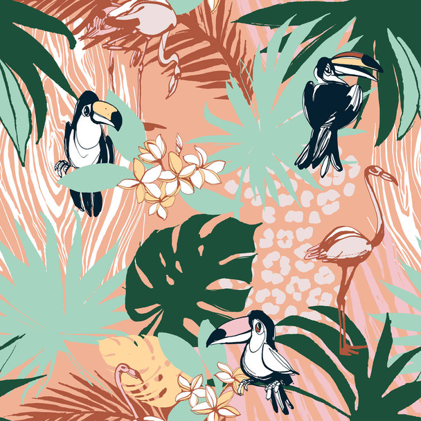 Tropical floral summer seamless color background pattern palm leaves, birds - Wektor, obraz
