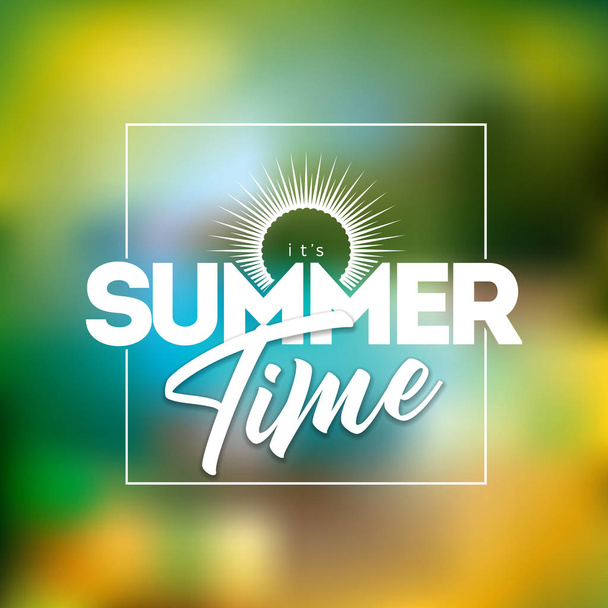 Its Summer Time Illustration with Typography Letter on Blurred Beach Background. Vector Holiday Design for Banner, Flyer, Invitation, Brochure, Poster or Greeting Card. - Вектор,изображение