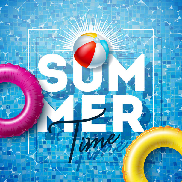 Summer Time Illustration with Float and Beach Ball on Water in the Tiled Pool Background. Vector Summer Holiday Design Template for Banner, Flyer, Invitation, Brochure, Poster or Greeting Card. - Vektor, kép