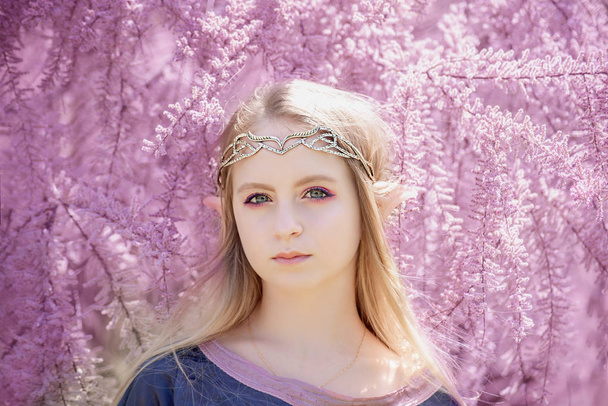 fairy tale girl. Portrait of mystic elf girl. Cosplay character. Portrait of elf in a blooming garden. A girl with long ears touches. - Photo, image