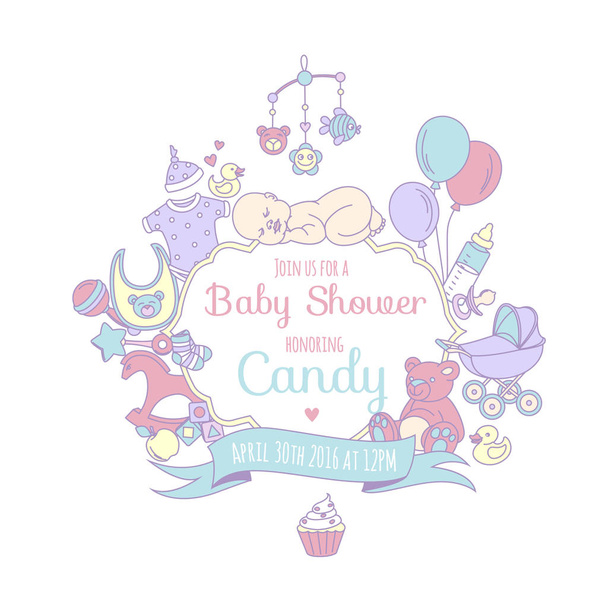 Aranyos Baby zuhany felhívás fiú vagy lány, meghívó Party - Vektor, kép