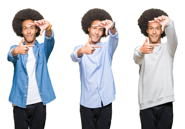 Collage de joven con pelo afro sobre fondo blanco aislado sonriendo haciendo marco con manos y dedos con cara feliz. Concepto de creatividad y fotografía
. - Foto, imagen