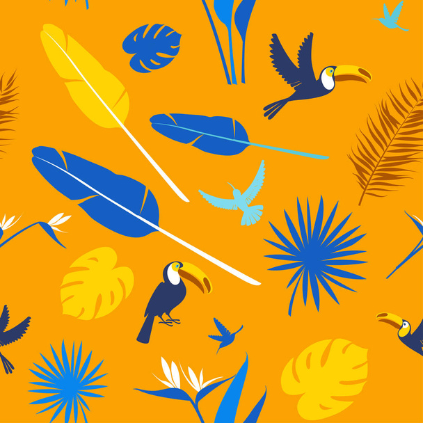Тропические цветы, пальмовые листья джунглей птиц
 - Вектор,изображение