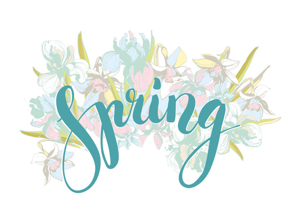 Vector Beautiful lettering Spring hand drawn floral background flowers. - Vector, Imagen