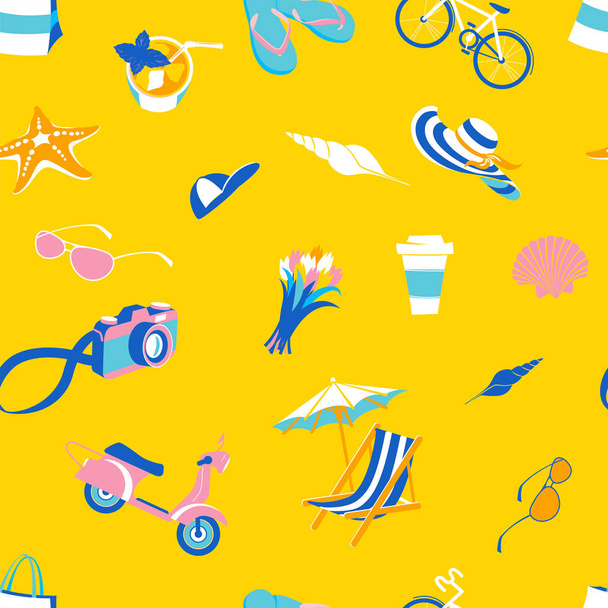 Summer beach tropical party icons seamless travel pattern - Vector, Image