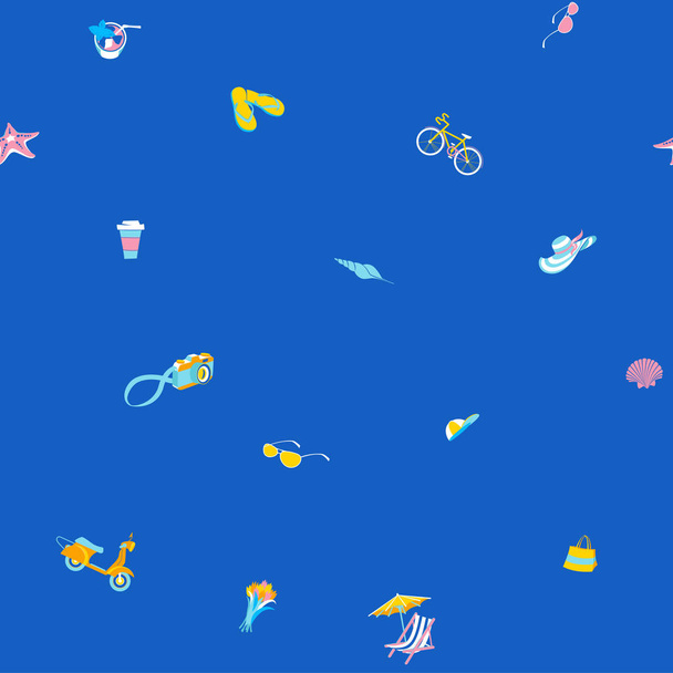 Summer beach tropical party icons seamless travel pattern - Вектор,изображение