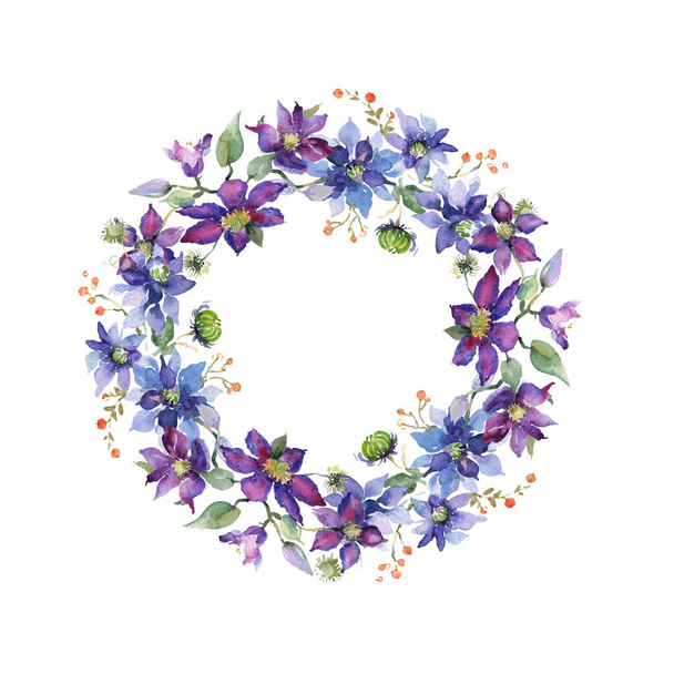 Clematis boeket bloemen botanische bloemen. Aquarel achtergrond illustratie set. Frame border ornament vierkant. - Foto, afbeelding