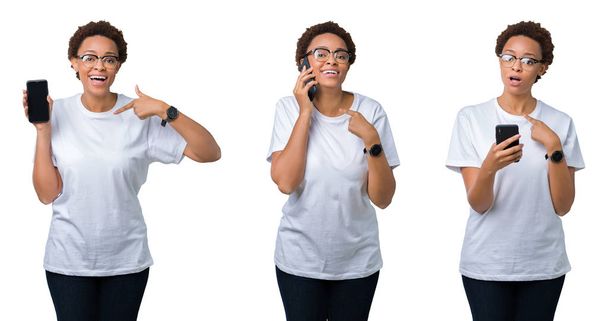 Collage de joven afroamericana con pelo afro usando smartphone con cara sorpresa apuntándose con el dedo a sí mismo
 - Foto, imagen