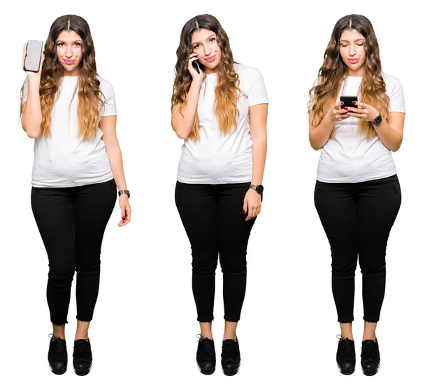 Collage de belle jeune femme utilisant un smartphone sur fond blanc isolé avec une expression confiante sur la pensée intelligente du visage grave
 - Photo, image
