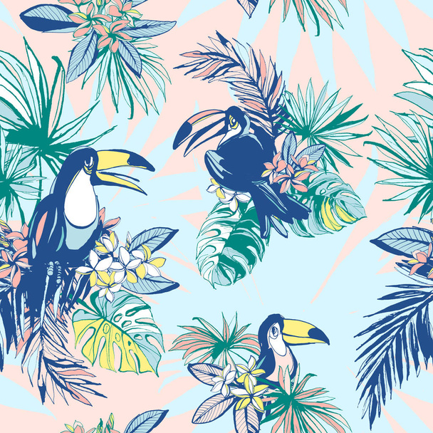 Seamless pattern ink Hand drawn Tropical palm leaves, flowers, birds. - Διάνυσμα, εικόνα