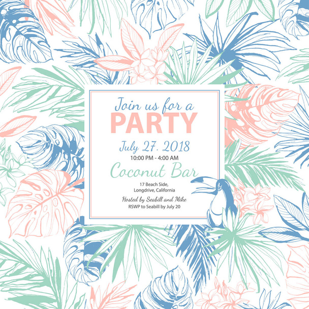Vector illustration Tropical floral summer party poster with pal - Vektor, obrázek