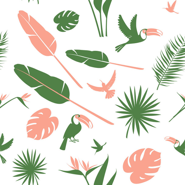 Seamless floral pattern background Tropical flowers, jungle palm leaves birds - Вектор,изображение