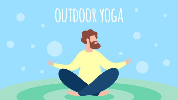 Man Meditating Outdoor Yoga in Lotus Pose, Leisure - Vector, Image