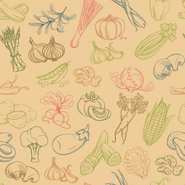 Seamless background pattern of organic farm fresh fruits and vegetables - Vector, imagen