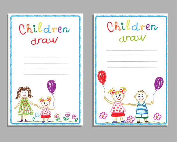 Carte con disegni a matita per bambini. Mamma, bambini, ragazza, ragazzo, amicizia, amore. Illustrazione vettoriale
 - Vettoriali, immagini