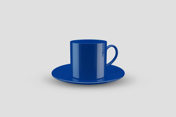 ブルーカップとディッシュは、薄い灰色の背景に隔離されています。リアルなphoto.3dレンダリング - 写真・画像