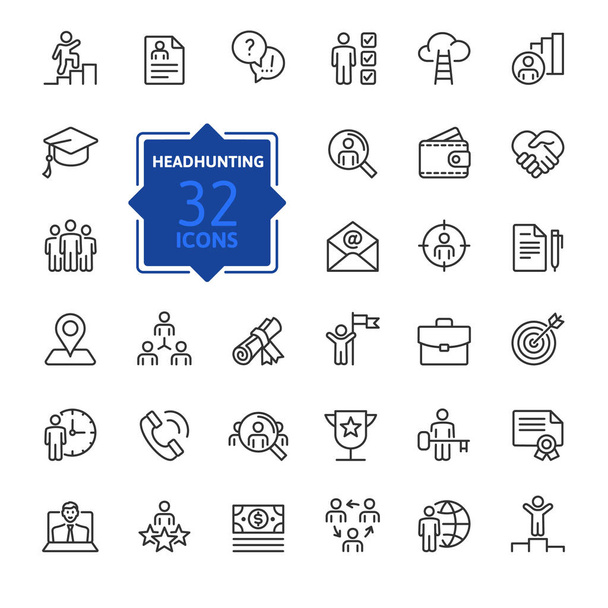 Headhunting And Recruiting minimal thin line web icon set. Included the icons as Job Interview, Career Path, Resume and more. Outline icons collection.Simple vector illustration. - Vector, Image
