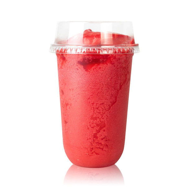 Strawberry smoothie cup isolated on white background. Summer cocktail made from red fruit. ( Clipping path ) - 写真・画像