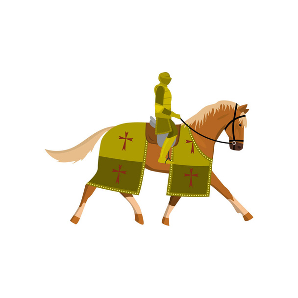 Średniowieczny stary Rycerz w kolorze zielonym zbroi i brązowy koń - Wektor, obraz