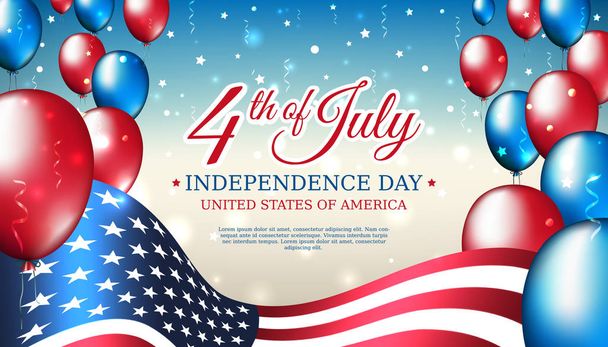 Banner 4th of july usa independence day, vector template with american flag and colored balloons on blue shining starry background. Fourth of july, USA national holiday - Vector, Image