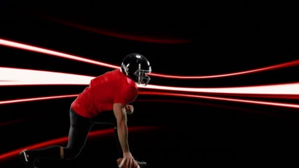 Digital composite of a Caucasian American football player getting ready with background of black and glowing lines - Footage, Video