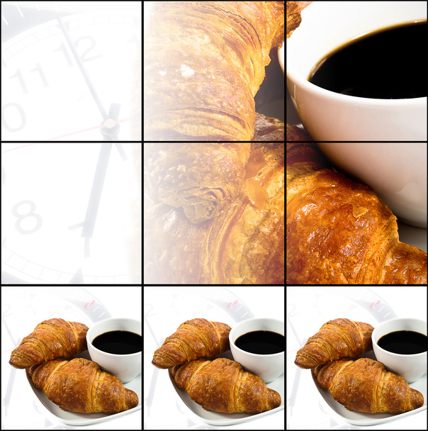 café da manhã com xícara de café preto e croissants
 - Foto, Imagem