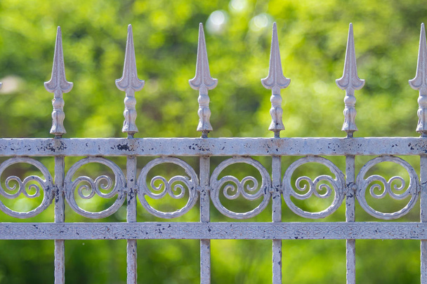 Ancienne clôture forgée dans le parc, fond vert flou
. - Photo, image