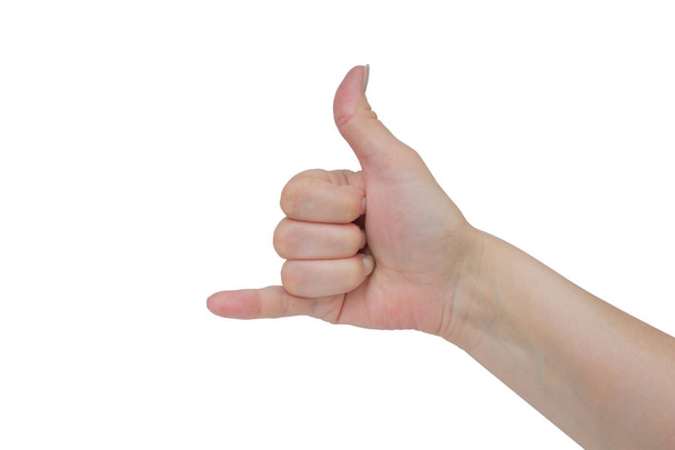 Lenguaje de señas, mano mostrando el signo del alfabeto Y, símbolo: llamada telefónica,, beber alcohol gesto sobre un fondo blanco
. - Foto, Imagen