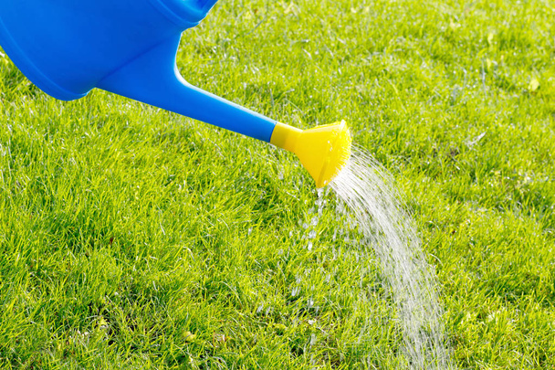 yeşil bir çim üzerine sarı bir difüzör ile mavi bir plastik sulama olabilir su döker - Fotoğraf, Görsel