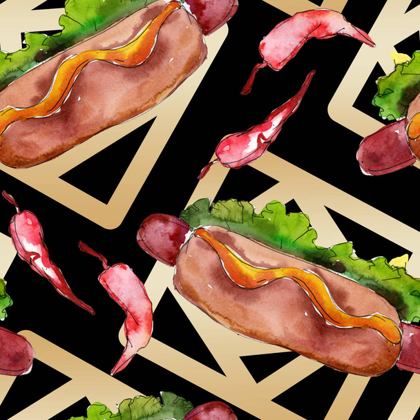 Hot dog fast food tasty food. Watercolor background illustration set. Seamless background pattern. - Zdjęcie, obraz