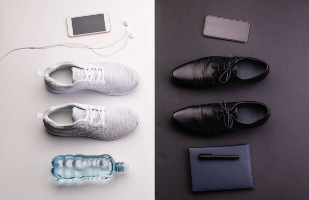 Sport and relax after office work concept. Studio shot and flat lay. - Foto, Bild