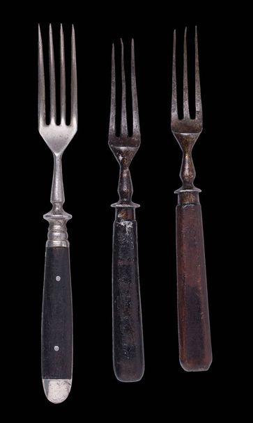 Beautiful old vintage forks isolated on black background. Top vi - Photo, Image