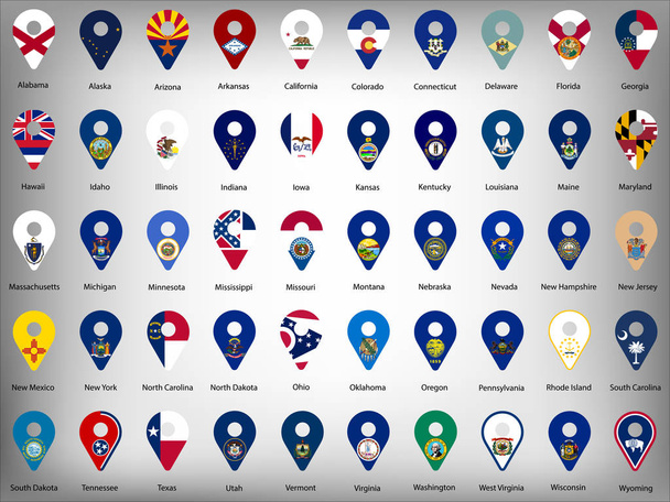 USA Amerikaanse 50 staten vlaggen-alfabetische volgorde met naam. Set van geolocatie tekenen zoals vlaggen van Staten vs. Verenigde Staten van Amerika. Geolocatieborden voor uw website ontwerp, logo, app, UI. Eps10. - Vector, afbeelding