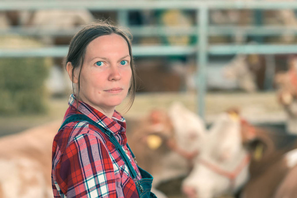Female farmer on cow dairy farm - Foto, afbeelding