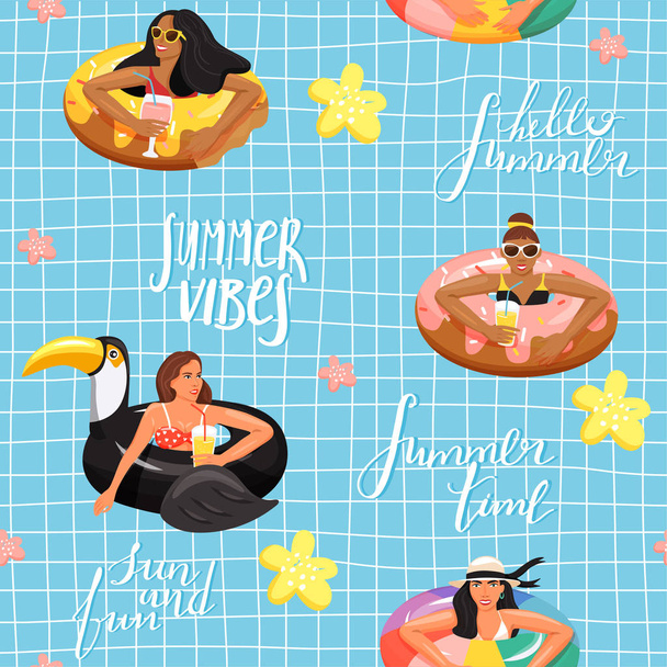 Seamless pattern with beautiful womans floating on various inflatable rings in swimming pool. - Vector, Image