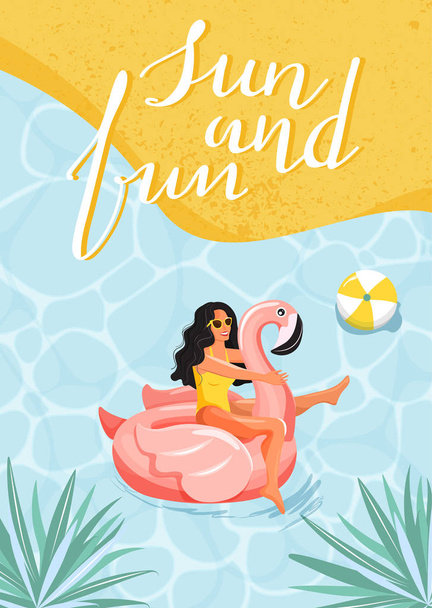 Gyönyörű nő úszó-és napozás a felfújható gyűrű alakú flamingó medence. - Vektor, kép