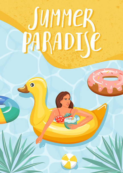 Beautiful woman floating and sunbathing on inflatable ring in the shape of duck in swimming pool. - Vector, Image