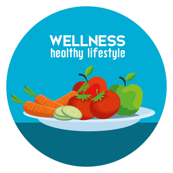 label met gezondheid groenten en fruit in balans - Vector, afbeelding