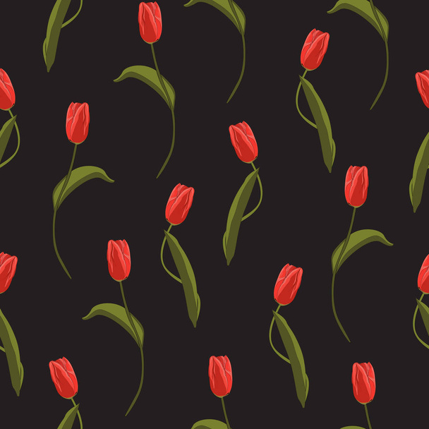 Tulipanes patrón sin costuras. Ilustración vectorial. Flores de primavera sobre fondo oscuro
.  - Vector, imagen