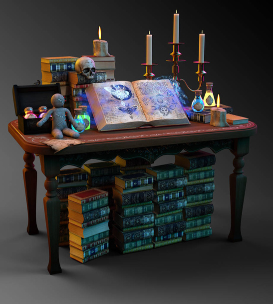 Mesa de hechizos mágicos con libro mágico y pociones
 - Foto, Imagen