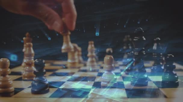 Digital composite of a man playing chess with a background of a glowing square patterns - Záběry, video