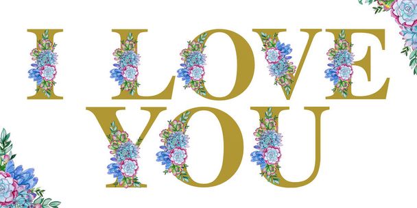 Floral watercolor I LOVE YOU word art - Photo, Image