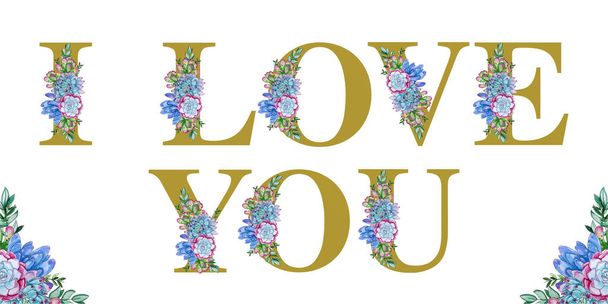 Floral watercolor I LOVE YOU word art - Photo, Image