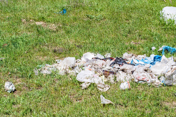 Residuos de basura plástica en césped verde, contaminación ambiental
. - Foto, Imagen