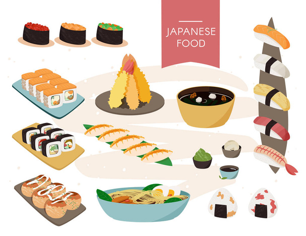 Japanese food collection. Vector realistic set of sushi, soups etc. - Vector, Image